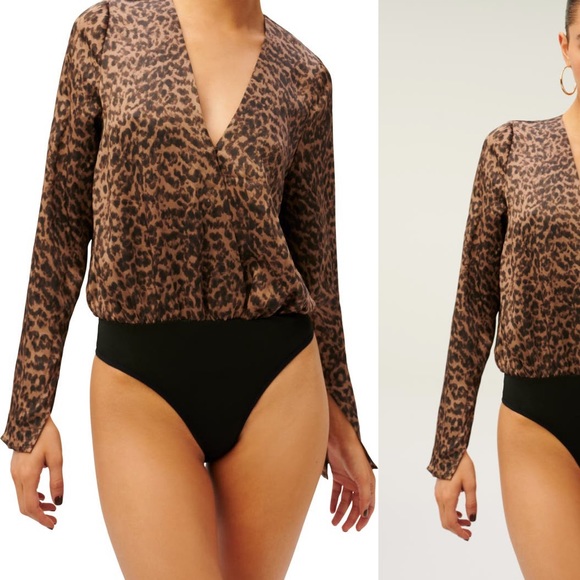 Good American Tops - NWT Good American Flowing Faux Wrap Leopard Bodysuit Small